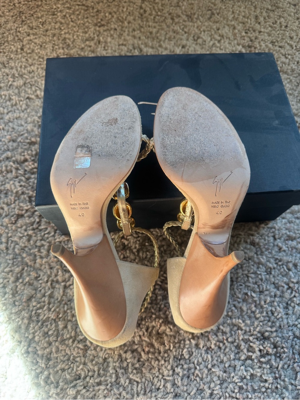 Giuseppe Zanotti Beige Braided T-Strap Heels with Multicolor Gem Accents - Picture 5 of 5